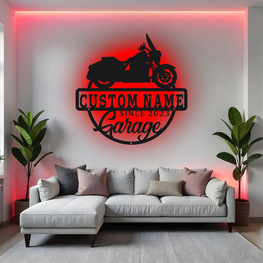 Custom Motorcycle Sign LED Metal Wall Art, Personalized Biker Garage ...