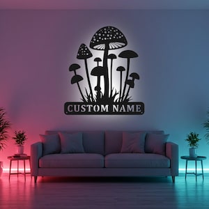 Décoration murale en métal LED personnalisée en forme de champignon, décoration de jardin personnalisée, cadeau pour amateur de champignons, décoration de chambre nature
