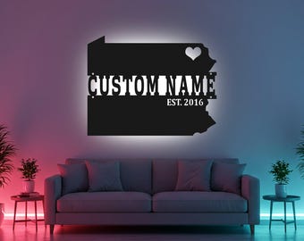 Custom Pennsylvania Sign LED Metal Wall Art, Personalized State Map Decor, Pennsylvania Home Gift, Living Room Wall Decor