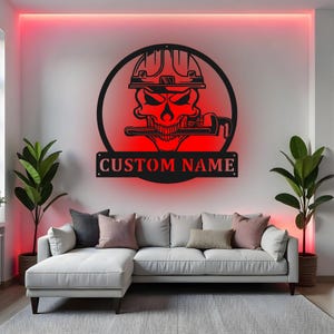 Custom Skull Plumber Sign LED Metal Wall Art, Personalized Plumbing Decor, Gift for Plumber, Garage Man Cave Sign