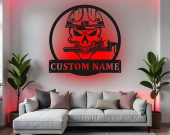 カスタムスカル配管工サイン LEDメタルウォールアート、パーソナライズ配管装飾、配管工へのギフト、ガレージマンケイブサイン