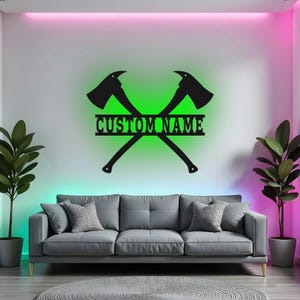 Enseigne de pompier personnalisée LED, art mural en métal, cadeau de pompier personnalisé, déco haches de pompier, décoration murale de caserne de pompiers, cadeau pour pompier