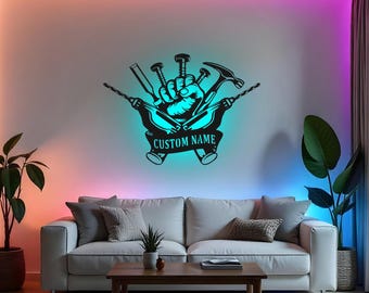 カスタムカーペンターサイン LEDメタルウォールアート、パーソナライズされたツールデコレーション、ワークショップ名サイン、木工職人へのギフト、ガレージの壁装飾