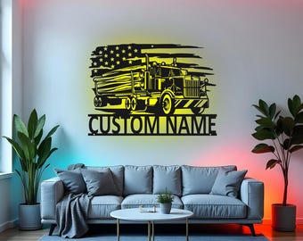 Custom Logging Truck Sign LED Metal Wall Art, Personalized Truck Driver Gift, Log Hauler Decor for Man Cave