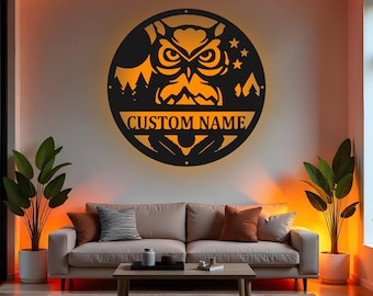 Letrero de búho personalizado con LED, arte de pared de metal, decoración personalizada, regalo para amantes de los búhos, decoración de habitación infantil con temática de bosque