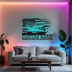 Custom Helicopter Sign LED Metal Wall Art, Personalized Aviation Decor, Military Pilot Gift, Patriotic Room Decoration
