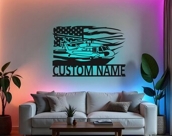 Letrero de helicóptero personalizado con LED de metal para pared, decoración de aviación personalizada, regalo de piloto militar, decoración patriótica para habitación