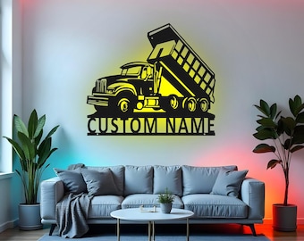 Custom Dump Truck Sign LED Metal Wall Art, Personalized Construction Truck Decor, Boys Room Nursery Gift