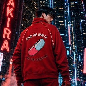 Op de afbeelding: Een rood jack met rits en een afbeelding op de achterkant van een pil die is verdeeld in een roze en een blauwe helft. De tekst "GOOD FOR HEALTH" staat in een boog boven de pil en "BAD FOR EDUCATION" staat eronder in donkere letters.