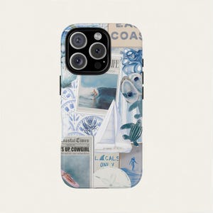 Coastal Collage Phone Case, East Coast Beachy Aesthetic iPhone 16 15 14 13 Pro Max Samsung Galaxy S24 S23 Surfer Sailboat Sea Cover for Her