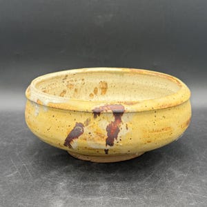 Può includere: Una ciotola in ceramica fatta a mano con un design ampio e poco profondo. La ciotola presenta una glassa giallo-beige macchiata con gocce e accenti marrone scuro. Il bordo è leggermente rialzato e la ciotola ha un'estetica rustica e organica.