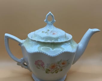 Vintage German TEAPOT with LID ~ White, Green with Pink Roses ~ Pink Lustre Highlights- Barvaria