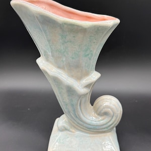 Gonder Pottery vase Bluish Green With Pink Inside 9 1/2&quot; Made In USA