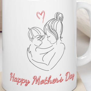 Feliz Día de la Madre - Taza Minimalista con Abrazo de Mamá e Hijo | Arte lineal | Regalo del Día de la Madre