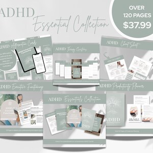 Op de afbeelding: Een verzameling ADHD-bronnen, waaronder affirmatiekaarten, een spiekbriefje, therapievragen en een productiviteitsplanner. De materialen zijn in groen- en wittinten, met de tekst "ADHD Essential Collection" en "Meer dan 120 pagina's".