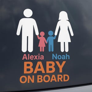 Gepersonaliseerde sticker baby aan boord | Aangepaste sticker familienaam | Raamvinyl voor kinderen | Leuk veiligheidsbordje voor achterruit