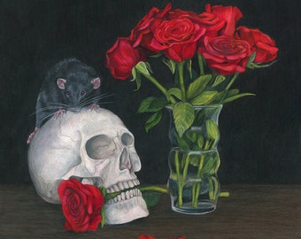 Memento Mori - Rat, Skull and Roses art giclee print