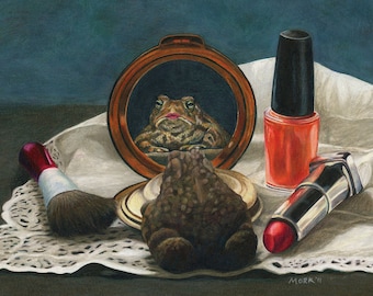 Lippenstift - Kröte beim Anziehen Makeup Kunst Giclée-Druck ohne Rahmen
