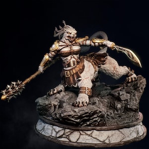 May include: A white, snarling, female, lion-like creature with horns, wearing gold and brown armor, holding a spear and a dagger, standing on a rocky base.