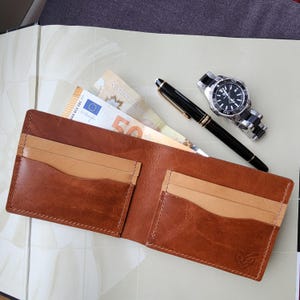 Portefeuille classique à deux volets cuir véritable fait main, marron, minimaliste, porte-cartes, compartiment à billets, cadeau homme, cuir
