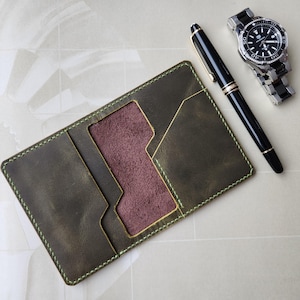 Portefeuille cuir véritable, Porte-cartes cuir fait main, minimaliste, cuir vert, porte-cartes de poche et billets, cadeau homme et femme