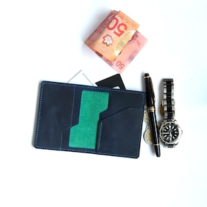 Portefeuille cuir de bison, Porte-cartes a volet fait main, minimaliste, portefeuille, porte-cartes et billets, cadeau homme et femme, bleu