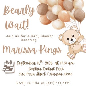 Puede incluir: Invitación a baby shower con el texto "We Can Bearly Wait!" y detalles para Marissa Kings. Presenta una ilustración de oso de peluche, globos e información del evento.