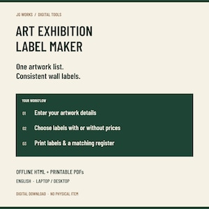Art Exhibition Label Maker | Wall Labels, Prices & Artwork Register | Offline HTML + Printable PDF | English