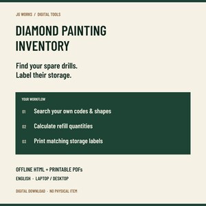 Diamond Painting Inventory Tracker | Storage Labels & Refill List | Offline HTML + Printable PDF | English