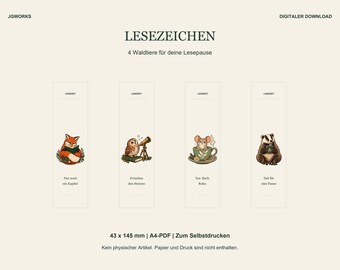 森の動物のしおり - キツネ、フクロウ、ネズミ、アナグマの4枚セット（印刷可能）| A4 PDF