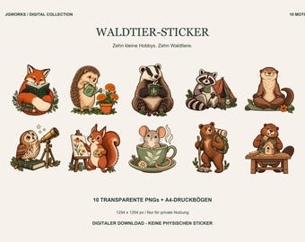 Waldtier Sticker digital - 10 transparente PNGs und A4-Druckbögen | Fuchs, Eule, Otter & mehr