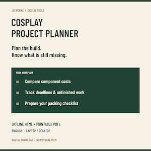 Cosplay Project Planner | Costume Budget, Deadlines & Packing Checklist | Offline HTML + PDF | English