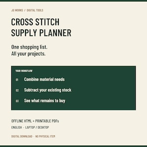 Cross Stitch Supply Planner | Combined Shopping List & Stock Tracker | Offline HTML + Printable PDF | English