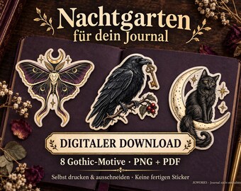 ゴシック調デジタルステッカー - ダークなデザイン8種 | 月蛾、カラス、猫、バラ | 透明PNGおよびPDF