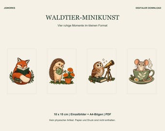 森の動物のプリント用イラスト – 4枚セット、10 x 15 cm | キツネ、ハリネズミ、フクロウ、ネズミ | PDF