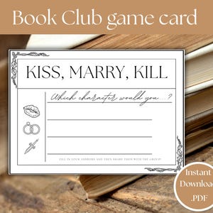 Afdrukbare boekenclub gamekaart, Kiss, Marry, Kill-spel, boekenclubspel, boekenclubactiviteit, direct downloaden schoolse game, schoolse activiteit