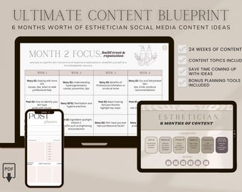 Ultimate Esthetician Content Planner | Social Media Content Marketing Calendar Prefilled with Ideas | Includes 6 Months of Content