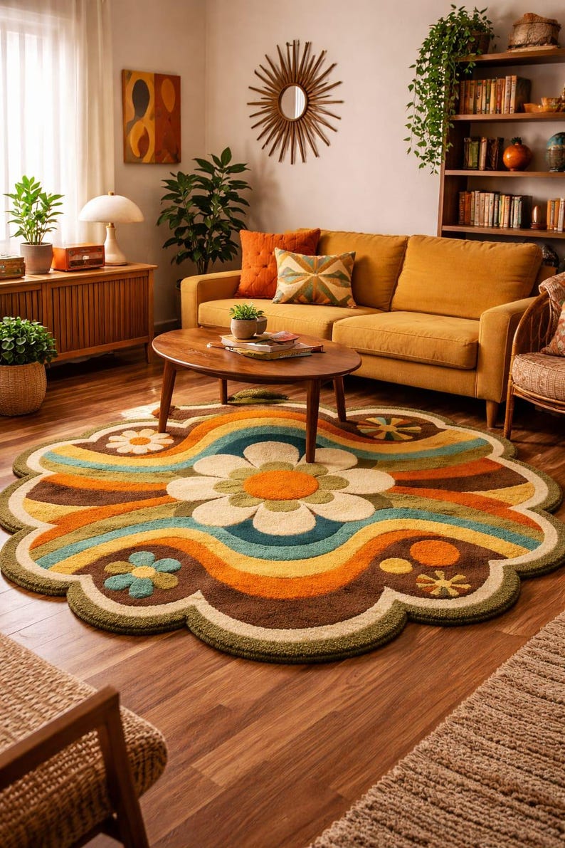 Retro Flower Power Hand Tufted Rug –6×9 Boho Outdoor / Indoor Statement ...