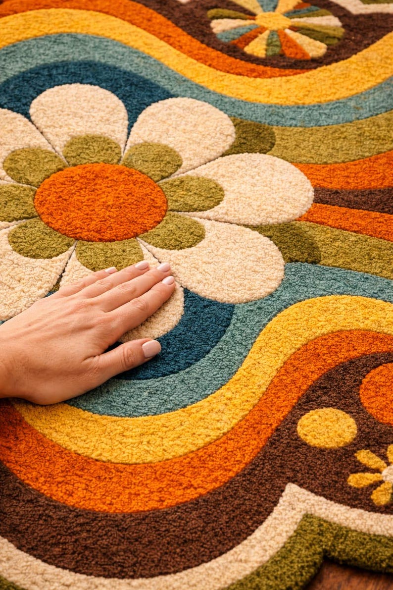 Retro Flower Power Hand Tufted Rug –6×9 Boho Outdoor / Indoor Statement ...