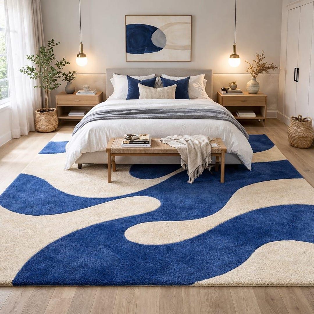 Modern Blue Abstract Hand Tufted Wool Rug – Navy & Cream Wave Area Rug ...