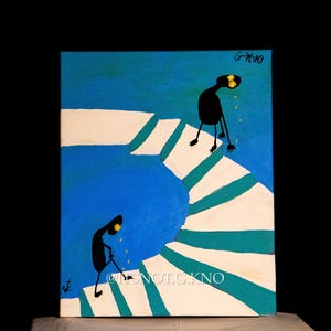 May include: A painting depicting two black figures ascending a white and teal staircase. The figures are facing away from the viewer and have yellow flowers on their heads. The background is blue. The painting is signed "G-MNO" in the top right corner.