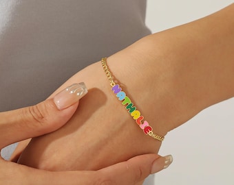 Custom Rainbow Enamel Name Bracelet: Stainless Steel Cuban Chain