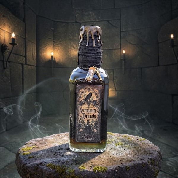 Necromancer’s Draught Potion Bottle: Vintage Glass Dark Shimmer Elixir, Gothic Apothecary Decor, Key and Scroll Charms