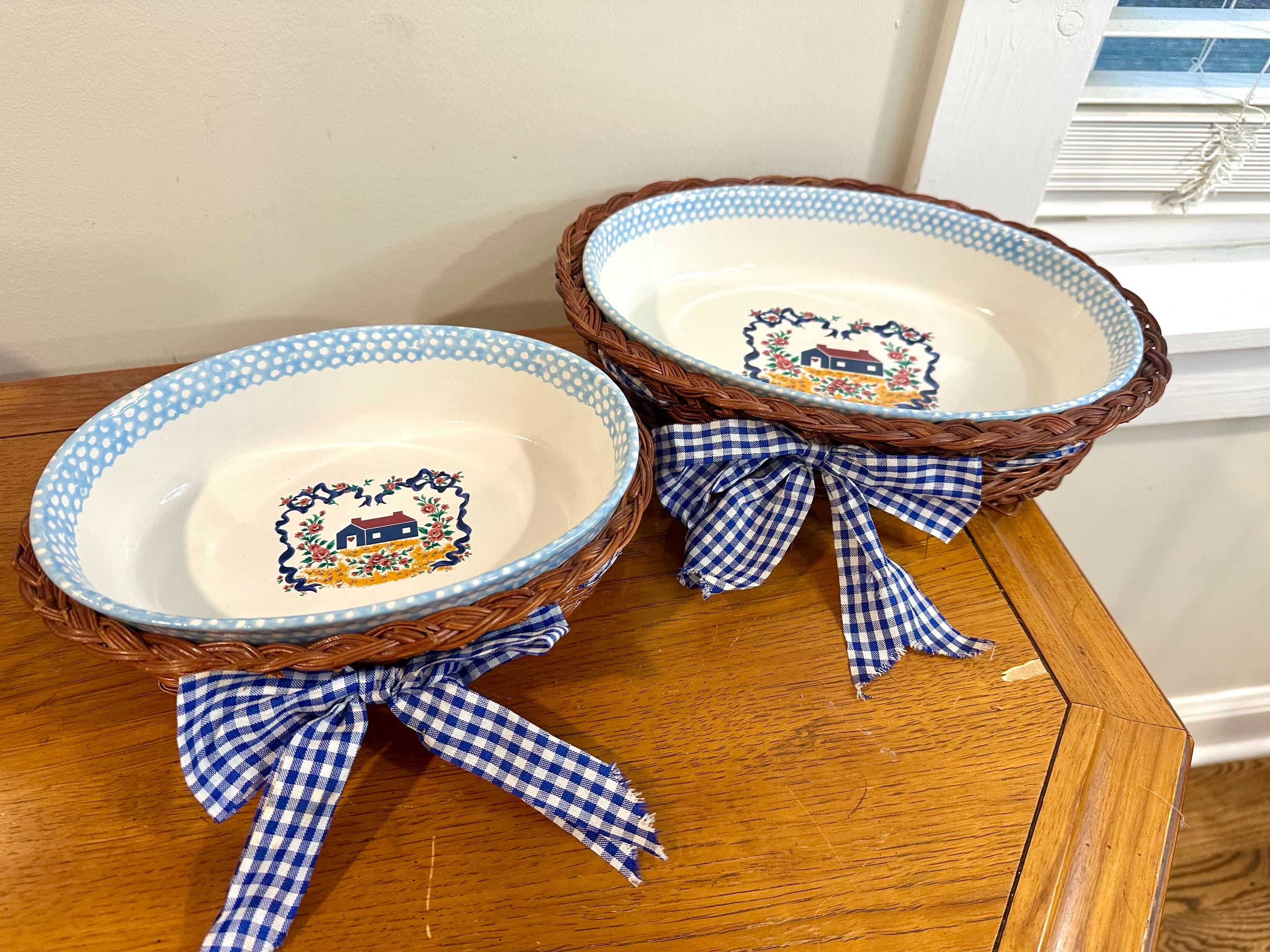 Vintage Teamson 1995 Stoneware Oval Casserole Dishes With Wicker