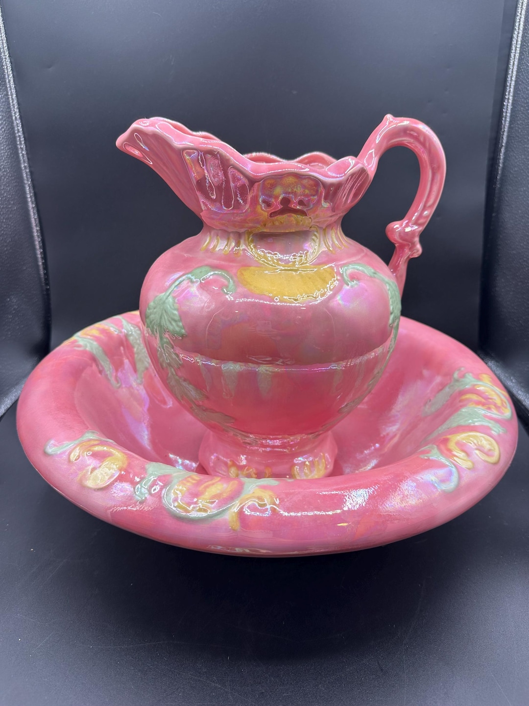 Vintage Pink Ceramic Pitcher and Wash Basin Set - Etsy