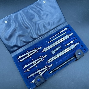 Vintage Drafting Set, Mechanical Drawing Instruments in Blue Case
