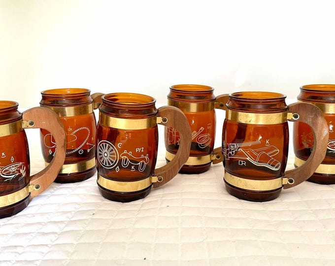 Vintage Siesta Ware Amber Glass Cowboy Mugs with Wood Handles, Set of 6