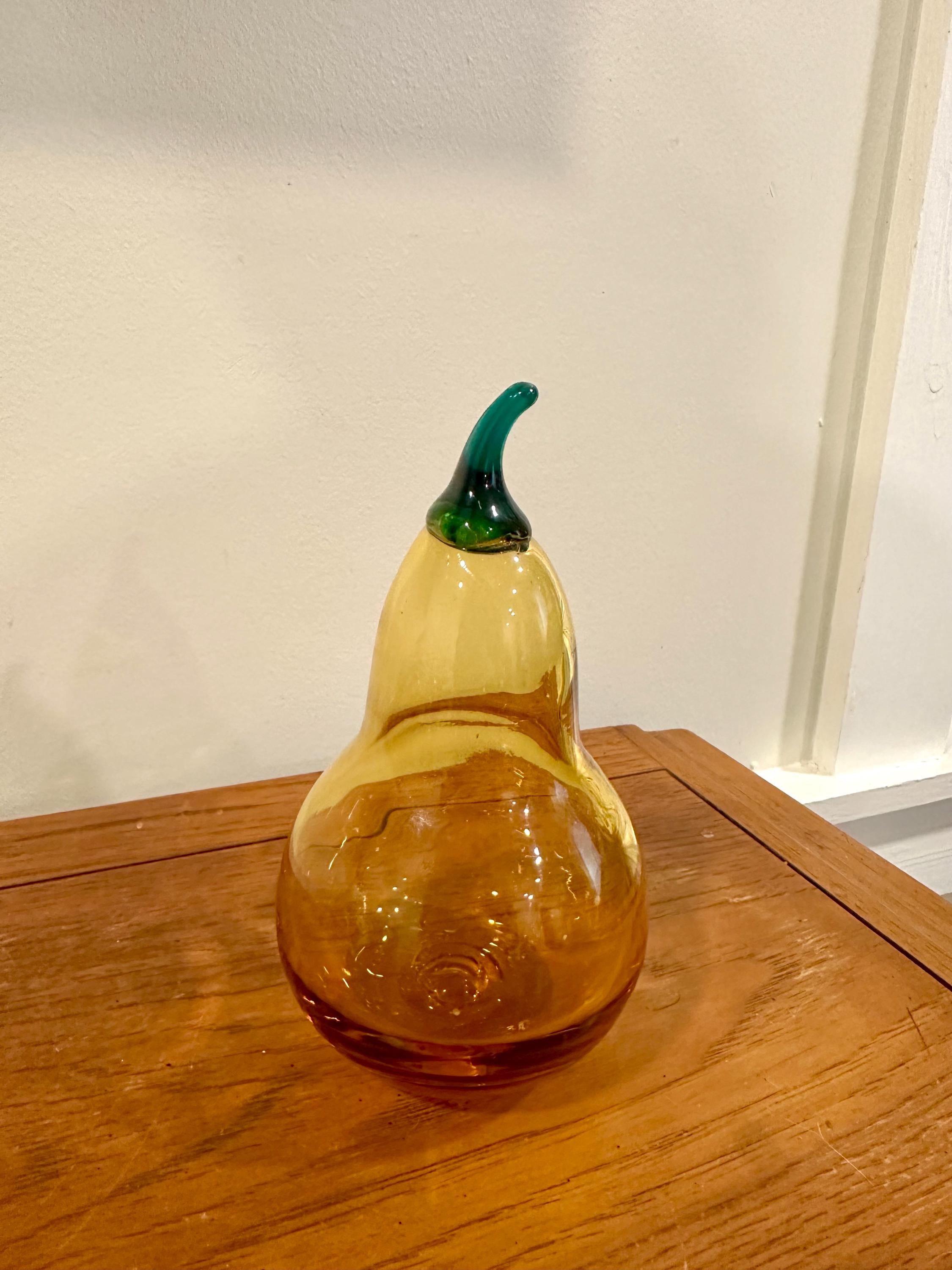 Poire En Verre Craquelé Soufflée Main - Vert Vintage - Hauteur 14,5 Cm - Occasion