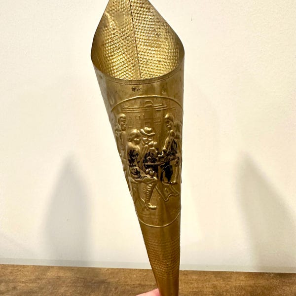 Vintage Brass Cone Matchstick Holder: Wall Vase Pocket
