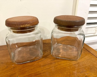 Glass Canister Set, Vintage Anchor Hocking Pair with Wooden Lids